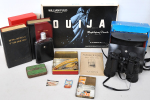 Lot 086 - Group lot of assorted items inc, vintage boxed Quija board game, 2 x n