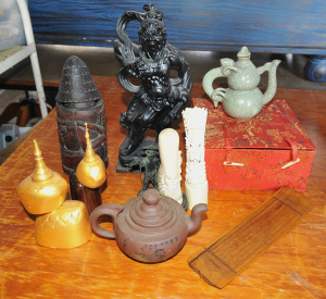 Lot 092 - Lot of Oriental Items incl Resin Figueres, Boxed Stoneware Tea Jug, Wo