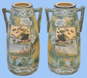 Lot 118 - Pair Vintage Japanese Export ware twin handled vases - Lake scene to f