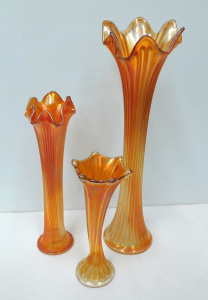 Lot 164 - 3 x Vintage Marigold Carnival Glass Vases inc Fenton Ribbed vases 28cm