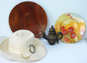 Lot 182 - 3 items inc Magda Urban white felt ladies hat, vintage hand-coloured