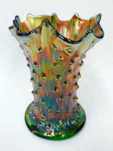 Lot 207 - Vintage Northwood Green Iridescent Carnival Glass Tree Trunk swung vas