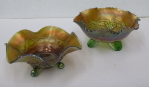 2 x Vintage Iridescent Green Carnival Glass Bowls - Tri Footed i& wavy rims