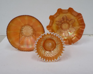 3 pces Vintage Marigold Carnival Glass Bowls inc Dugan Honeycomb & Beads wit