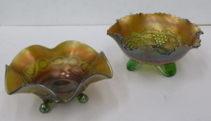 Pair Vintage Iridescent Fenton Basketwave Bowls with pierced open lattice rims