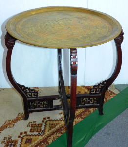 Lot 12 - Vintage Folding Oriental Table with Loose Brass Tray Top - pierced &amp
