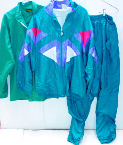Lot 16 - 1970s Sfida Ladies Teal Parachute Tracksuit with contrast Purple, White