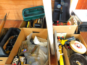 Lot 22 - Large lot of 5 boxes of tool and hardware, modern and retro, some unope