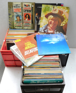 Lot 24 - Large lot of 3 boxes of vintage vinyl LP records, mixed genres, inc Joh