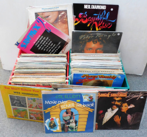 Lot 26 - 2 boxes of vintage vinyl LP records, mixed genres, inc Tom Jones, Neil