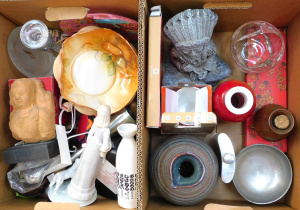 Lot 44 - Large mixed lot of 2 boxes inc Old Ballarat Pottery jug (22cm H), pewte