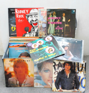 Lot 54 - 2 boxes of vintage vinyl LP records, mixed genres, inc Rod Stewart, Oli