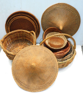 Lot 60 - Group of caneware inc baskets, bowls, tray, Vietnamese hats etc