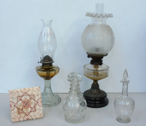 Lot 62 - Group lot of Victoriana inc Oil Lamp with Brass mounts & Frosted ba