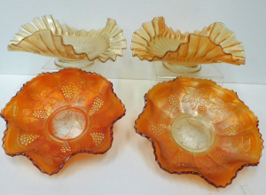 Lot 70 - 2 pairs Vintage Carnival Glass Bowls inc Fenton Marigold Grape & Vi