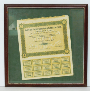 Lot 91 - Framed share certificates for the Societe pour l' Exploitation des Mine
