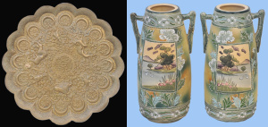 Lot 96 - 3 pces Vintage inc Brass charger - Heavily embossed with Figures &