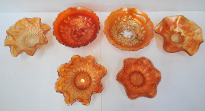 Lot 102 - 6 pces vintage Marigold Carnival glass Bowls inc Pair Dugan Fish Scale