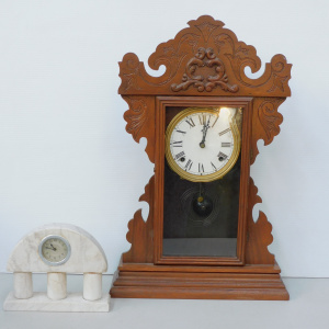 Lot 105 - 2 vintage mantle clocks inc German alabaster Art Deco demilune on 3 co