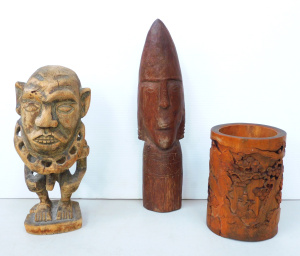 Lot 117 - 3 carved wooden items inc teak Oceanic tribal bust (35 5cm H), large C