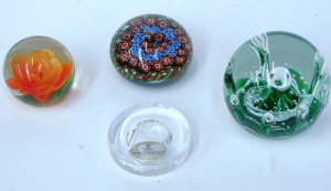 Lot 128 - 4 Art Glass Paperweights inc Millefiori, Orange Internal flower, Larg