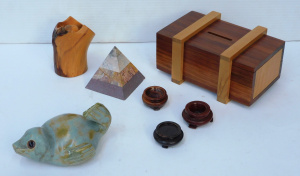 Lot 131 - Group of small items inc Australian pottery seal, trick opening wooden