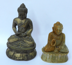 Lot 143 - 2 x vintage seated Buddha figurines inc cast metal (12cm H), carved so