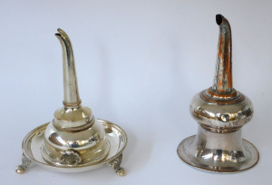 Lot 144 - 2 x vintage EP wine funnels, one with matching tripodal dish (marks si