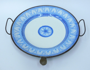 Lot 174 - c1900 Ceramic & Pewter Warming Plate w Blue & White Pattern De