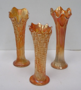 Lot 176 - 3 x Vintage Iridescent Marigold Carnival Glass Vases inc Dugan Basket