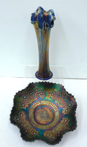 Lot 181 - 2 pces Vintage Fenton Iridescent Blue Carnival Glass inc Orange Tree w