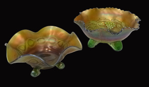 Lot 183 - 2 x Vintage Iridescent Green Carnival Glass Bowls - Tri Footed i&