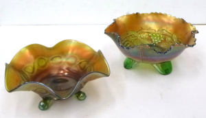 Lot 193 - Pair Vintage Iridescent Fenton Basketweave Bowls with pierced open lat