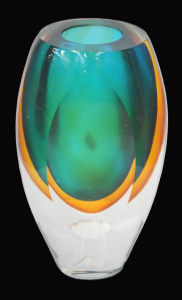 Lot 206 - Heavy Sommerso Art Glass Vase -Clear Layered Green & Amber - Oval