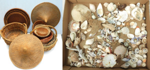 Lot 44 - Mixed group lot inc seashells various varieties, coral , caneware bask