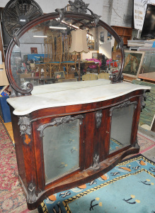 Lot 53 - Large Victorian Mahogany Credenza - Marble top w Mirrored Back & Mi