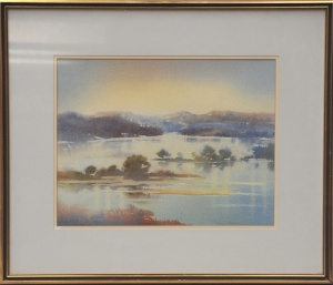 Lot 70 - Lorna Evelyn Lord (1925 - 2020) Framed Watercolour - Lake scene, Mornin