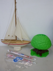 Lot 72 - Group of kids items inc carved wooden yacht (73cm H), Kenner Tree Tots