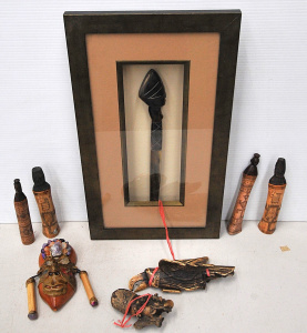 Lot 74 - Group of carved tribal and other items inc framed horn sceptre with bus