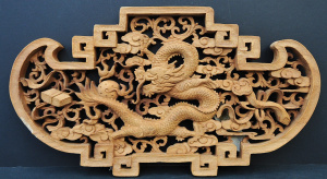 Lot 91 - 19thC Chinese carved and fenestrated wooden wall panel depicting a scho