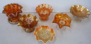 Lot 97 - 6 pces Vintage Carnival Glass inc Dugan Peach Opalescent Starfish pedes