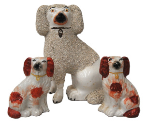 Lot 109 - 3 x 19thC Staffordshire ceramic dogs inc a poodle (23cm H - repair sig