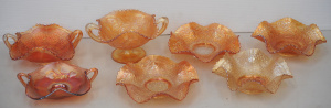 Lot 120 - 7 pces Vintage Marigold Carnival Glass inc 4 x Early Fenton Leaf Chain