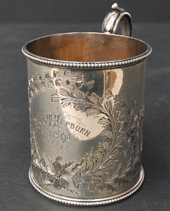 Lot 140 - Silver engraved Christening mug Hall marked Lon 1890 - approx 115 grms