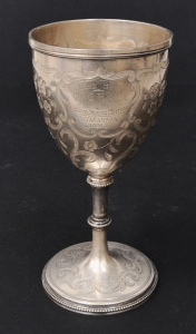 Lot 142 - c1869 Hallmarked BirmSterling Silver engraved Goblet Trophy - 8 Round