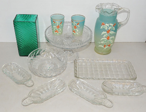 Lot 146 - Group lot of Vintage Glass inc Hand painted Victorian frosted Jug (af)