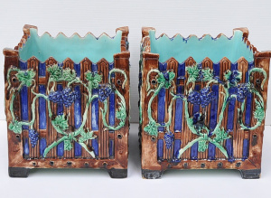 Lot 164 - Pair c1900 Majolica Square Jardinieres - Wooden crate with Grape &