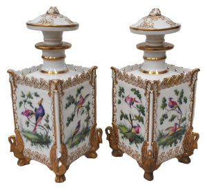 Lot 181 - Pair French unmarked porcelain hand painted Perfume bottles feat Exoti