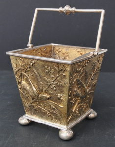 Lot 183 - Dated 1880 ornate gilt embossed square basket, glass insert with diamo