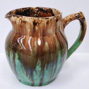 Lot 187 - 1930s John Campbell pottery jug - brown, green, cream drip glaze -14cm